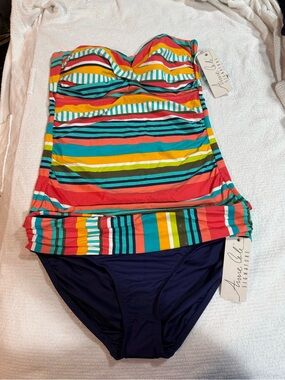 Anne Cole Multicolor Striped Tankini with Navy Bottoms and matching Coverup